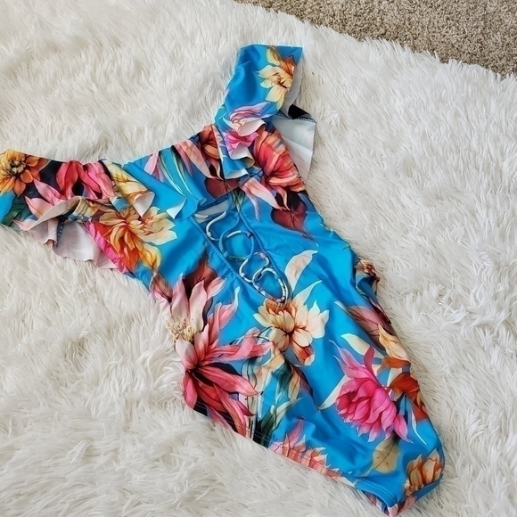 La Blanca Women's Swimwear Size 4 One Piece Ruffle Floral-Print Blue - Picture 5 of 8